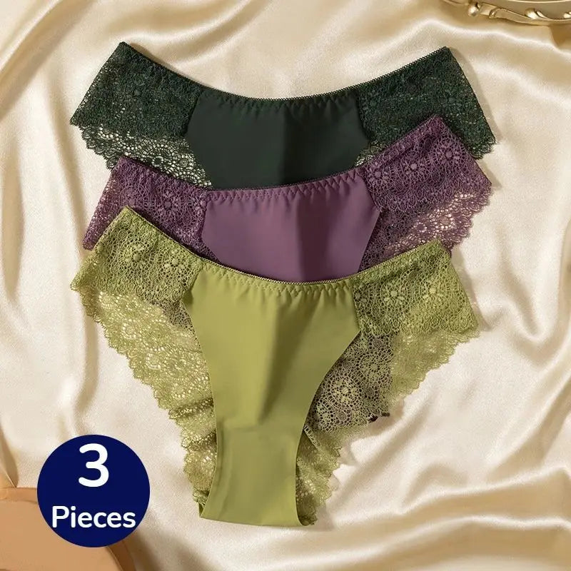 3PCS/Set TrowBridge Sweet Women's Panties Silk Satin Underwear Lace