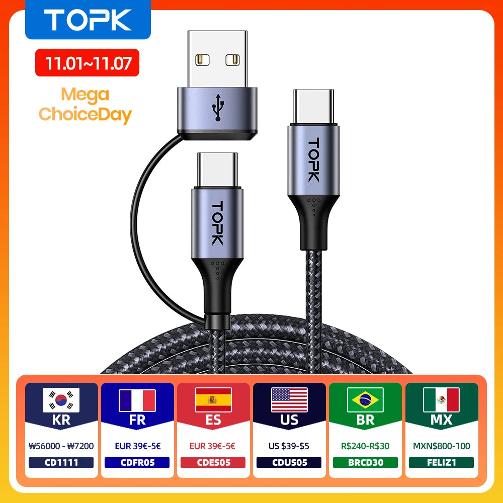 TOPK 60W PD Fast Charger Cable USB C to USB Type C Cable for MacBook