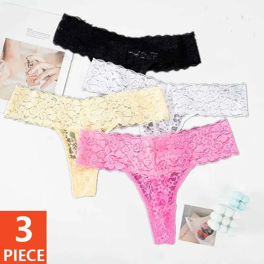 3PCS Lace Floral Women Panties Low Waist Breathable Briefs Female