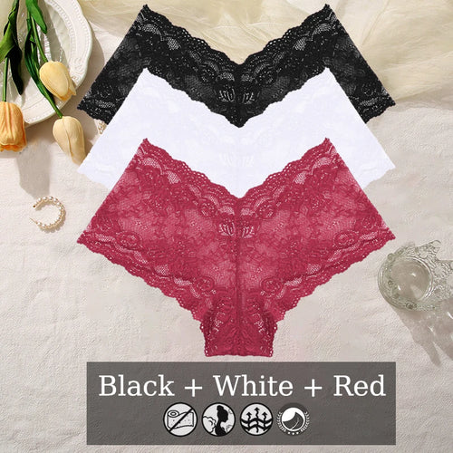 3PCS Women Floral Lace Panties Sexy Perspective Underwear V Waist