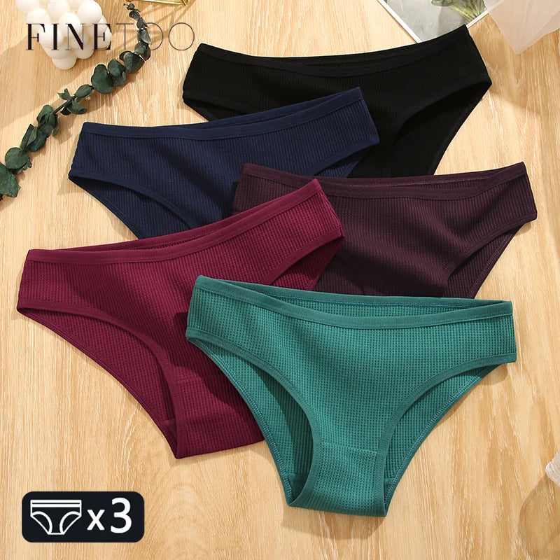 FINETOO 3Pcs/set Women Waffle Cotton Panties S-XL Women's Low-Rise