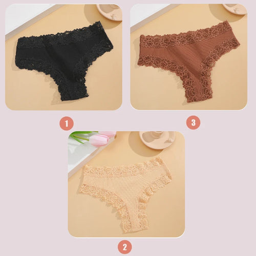 3PCS Lace Seamless Cotton Panties Ribbed Brazilian Pants Low Waist