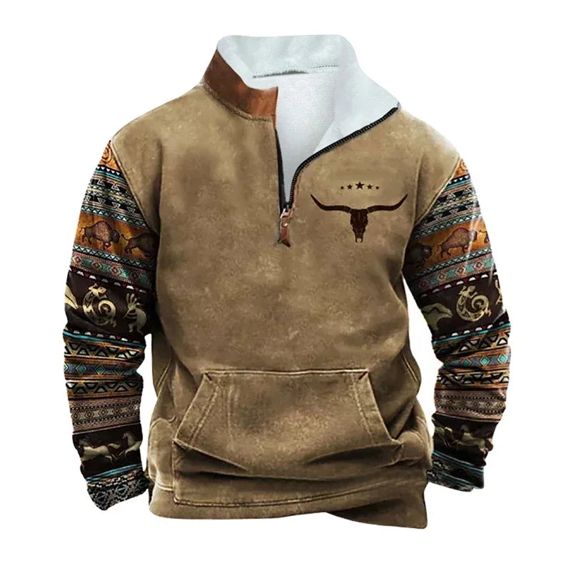 Vintage Sweatshirt For Men Ethnic Style Casual Warm Hoodie Tops