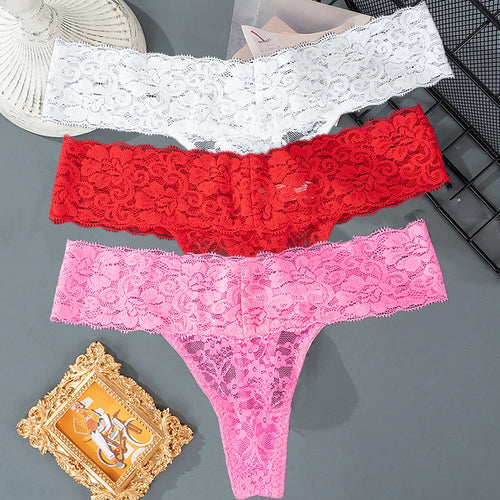 3PCS Lace Floral Women Panties Low Waist Breathable Briefs Female