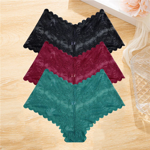 FINETOO 3Pcs/set Lace Boyshort Panties Women Low-Rise Floral Underwear