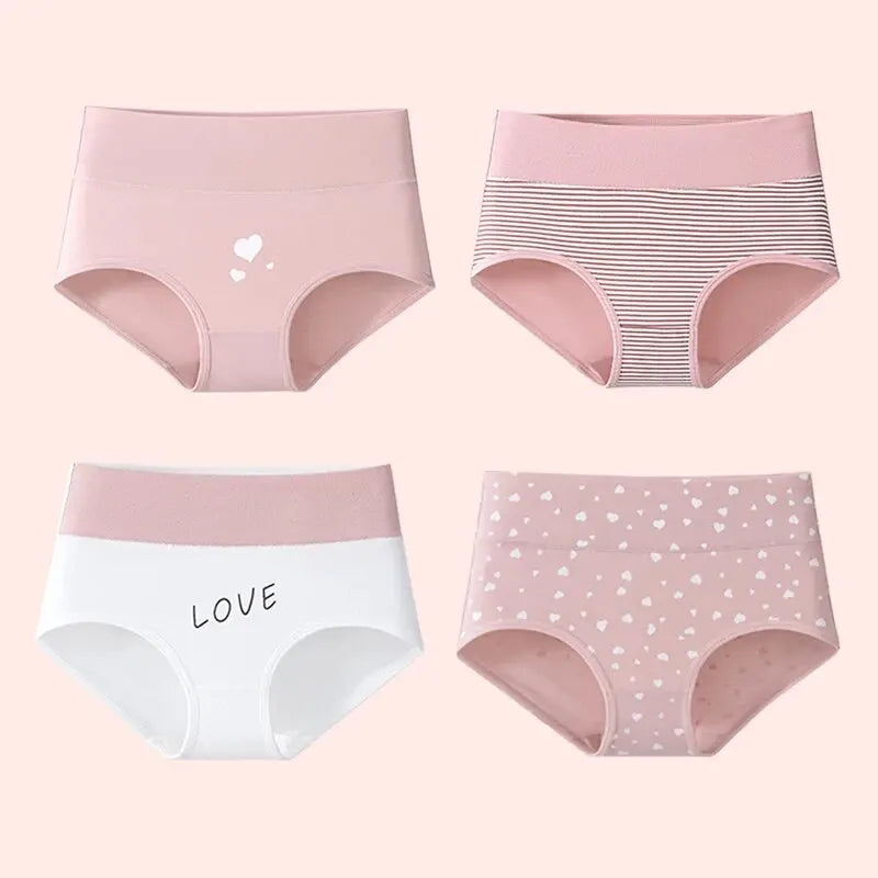 4Pcs Women's Panties High Waist Underwear Fashion Print Girls Briefs