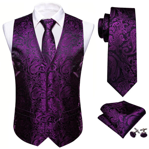 Men's Suit Vest Jacquard 4pcs Waistcoat with Tie Pocket Square