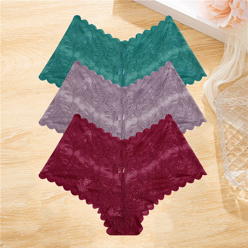 FINETOO 3Pcs/set Lace Boyshort Panties Women Low-Rise Floral Underwear