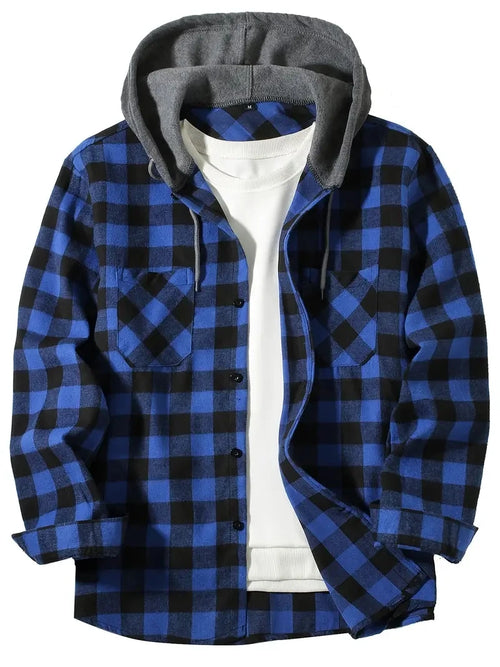 Men's Shirts Classic Plaid Casual Button Down Hooded Long Sleeved