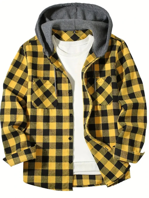 Men's Shirts Classic Plaid Casual Button Down Hooded Long Sleeved