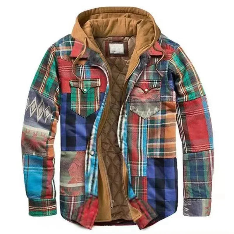 Autumn Winter Men's Plaid Hooded Jackets Harajuku Casual Padded Warm