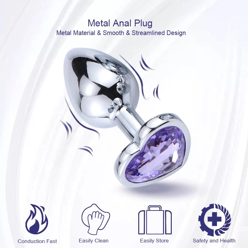 Anal Plug Heart 3 Sizes Stainless Steel Crystal Anal Plug Removable