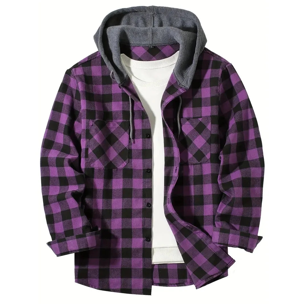 Men's Shirts Classic Plaid Casual Button Down Hooded Long Sleeved