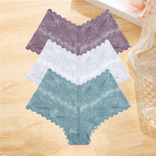 FINETOO 3Pcs/set Lace Boyshort Panties Women Low-Rise Floral Underwear