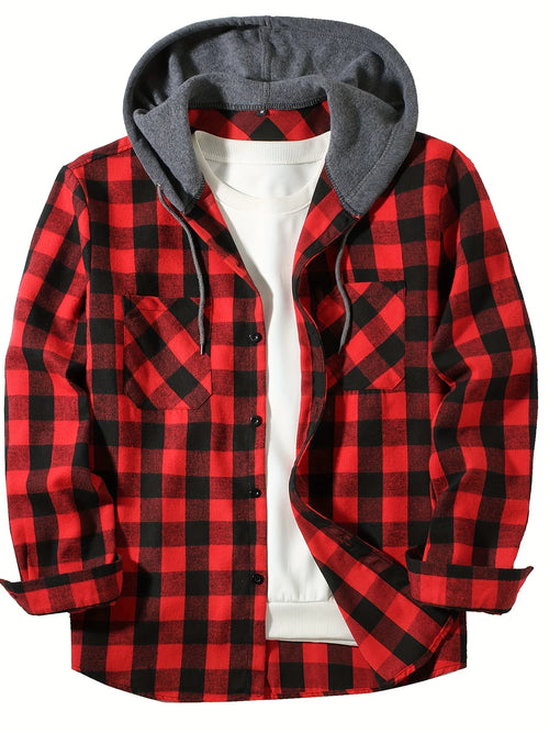 Men's Shirts Classic Plaid Casual Button Down Hooded Long Sleeved