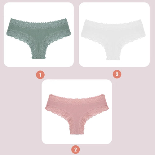 3PCS Lace Seamless Cotton Panties Ribbed Brazilian Pants Low Waist