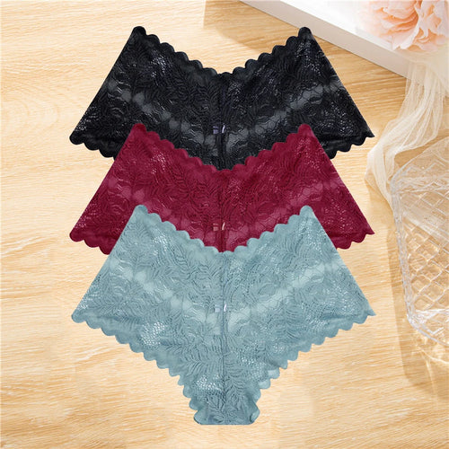 FINETOO 3Pcs/set Lace Boyshort Panties Women Low-Rise Floral Underwear