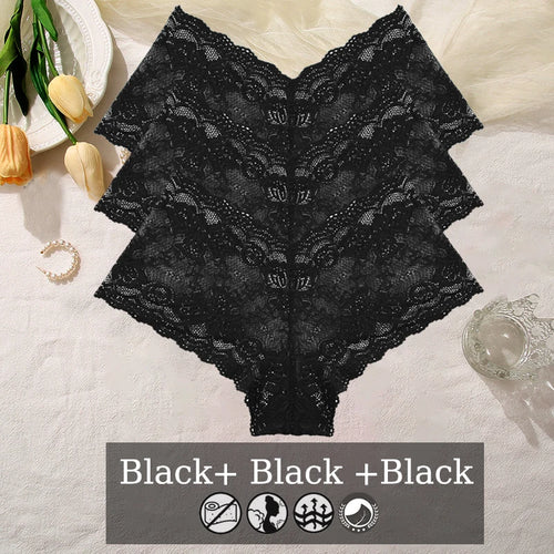 3PCS Women Floral Lace Panties Sexy Perspective Underwear V Waist