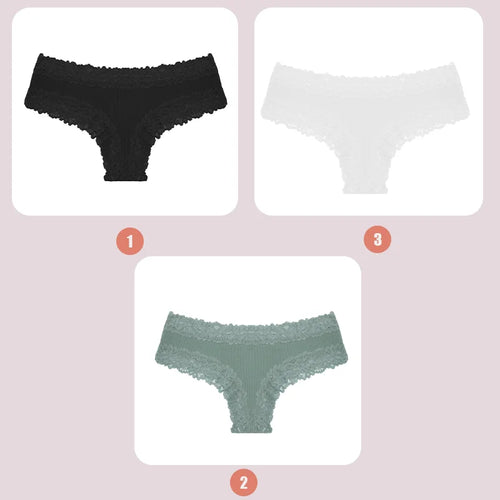 3PCS Lace Seamless Cotton Panties Ribbed Brazilian Pants Low Waist