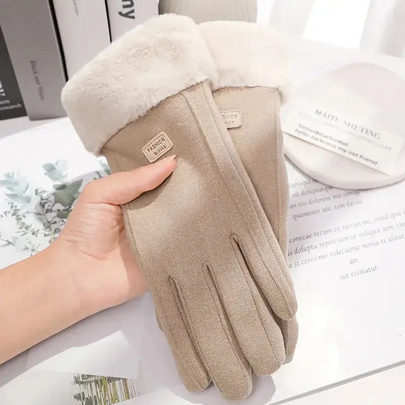 Women Winter Thick Plush Gloves Fashion Warm Suede Outdoor Guantes