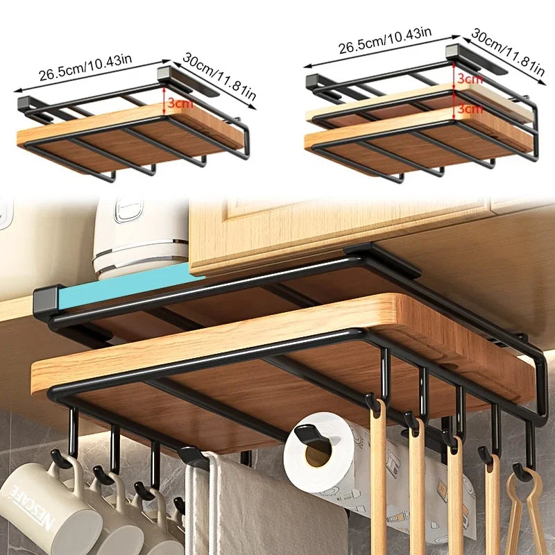 Kitchen Hanging Organizer Rack with Hooks Under Cupboard Paper Towel