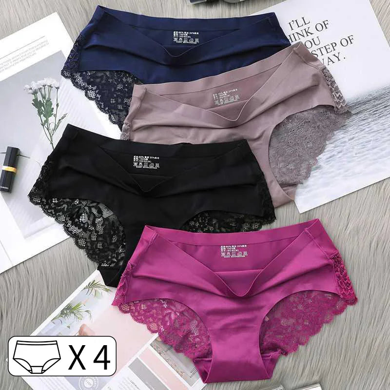 4Pcs Women's Panties Exquisite Lace Underwear Silk Satin Sexy Seamless