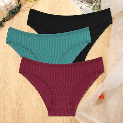 FINETOO 3Pcs/set Women Waffle Cotton Panties S-XL Women's Low-Rise