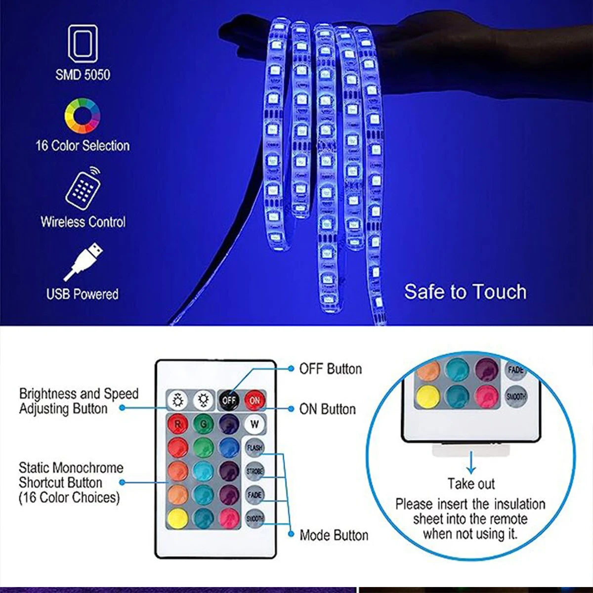 RGB 5050 Led Strip Light Bluetooth App Control 5V USB Led Tape