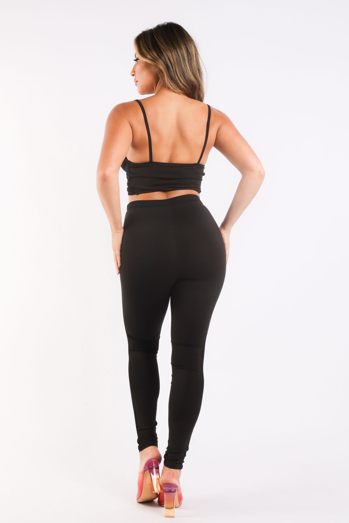 Mesh Contrast Sets Casual Sports Strappy Sleeve Top & Leggings BLACK