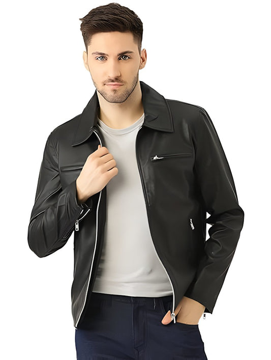 Men Solid Black Faux Leather Jacket  Size 75X52 CM Color Black